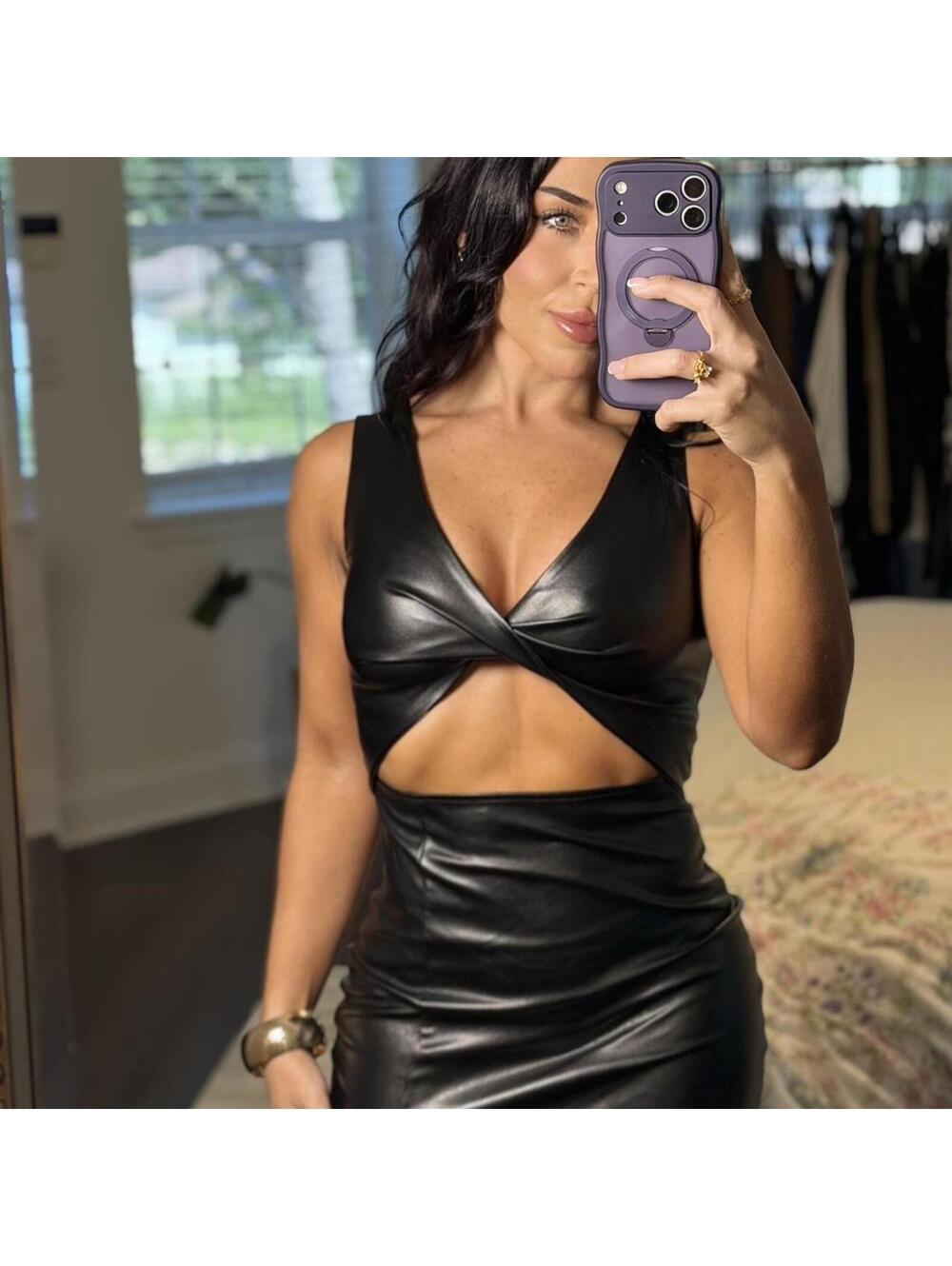 Faux Leather Cutout Mini Dress Y2K Clubbing Night Out Bodycon Dress - Picture 3 of 8